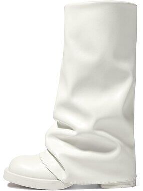 Women's White Fold Over Wide Calf Chunky Platform Low Heel Square Toe Calf Boots